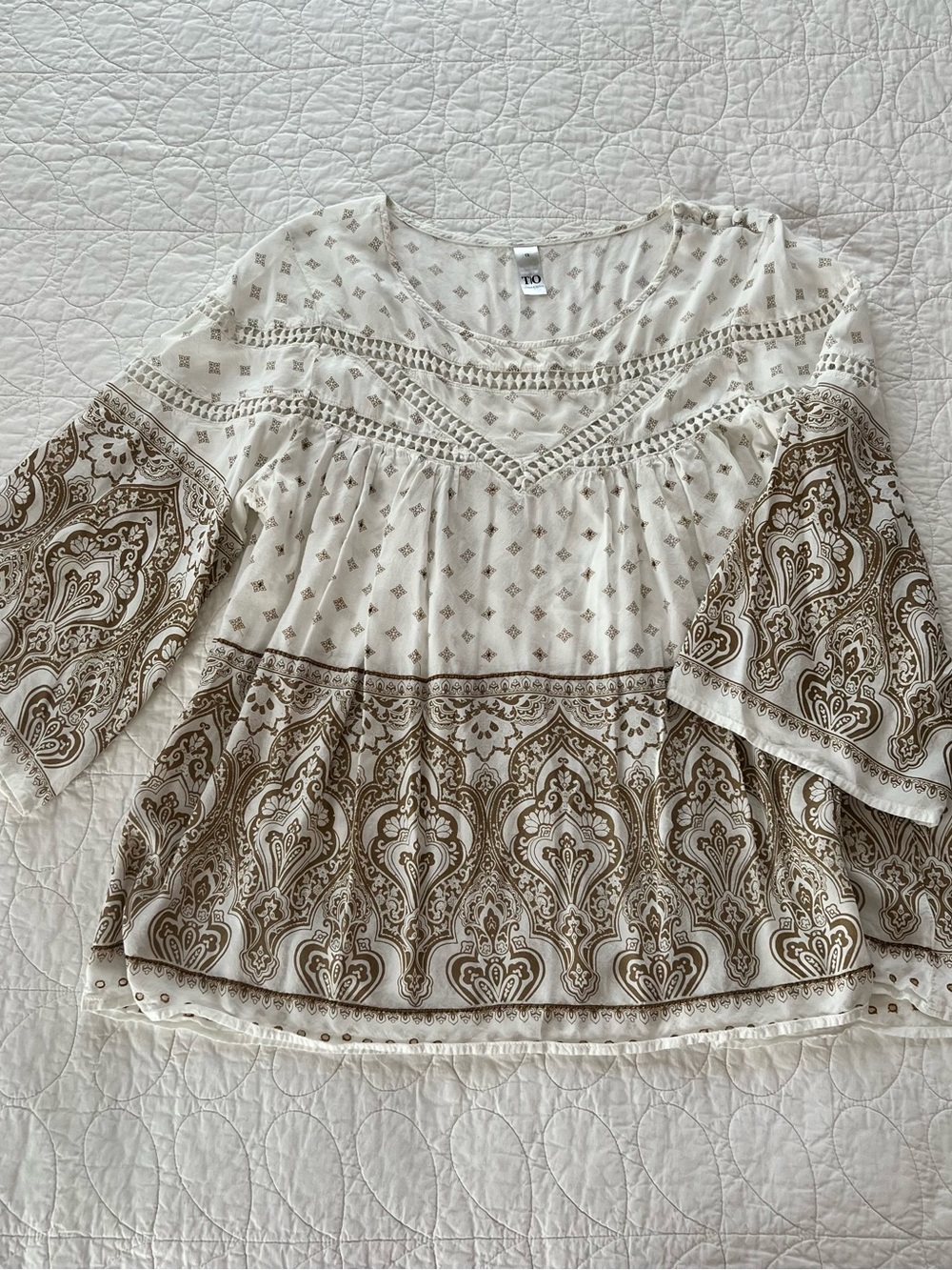 Thomas & Olivia Bohemian White & Brown Peasant Blouse Hippie Artsy Festival